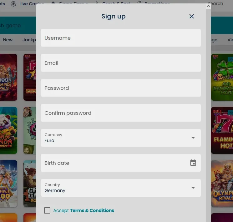 Onlyspins account registration form